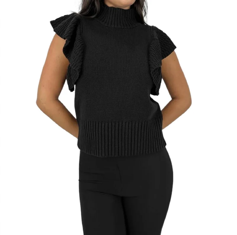 Mock Neck Flutter Sleeve Sweater In Black Sequined Glittery Shiny