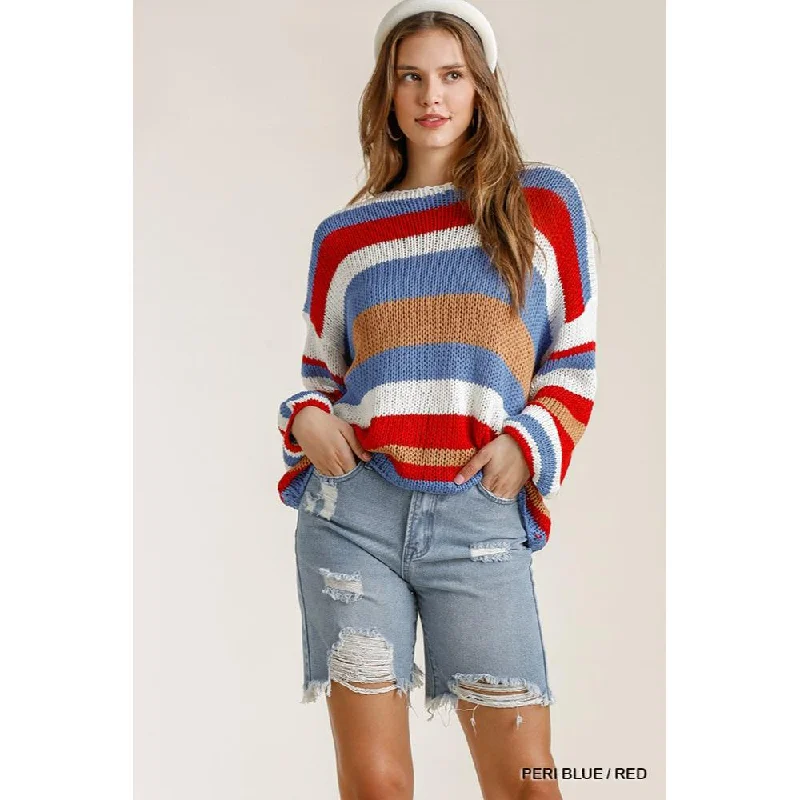 Multicolored Stripe Round Neck Long Sleeve Knit Sweater Front Pockets Side Pockets Patch Pockets