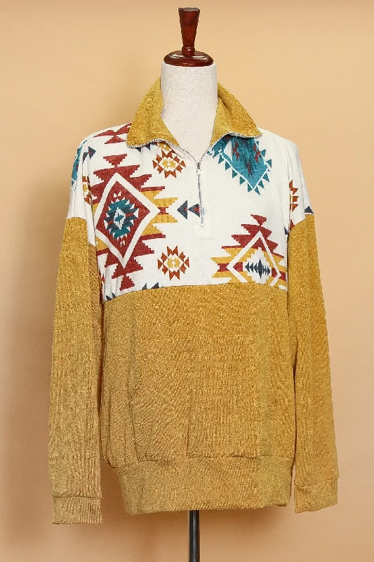 Mustard Aztec Zip Down Sweater Modern Contemporary Chic