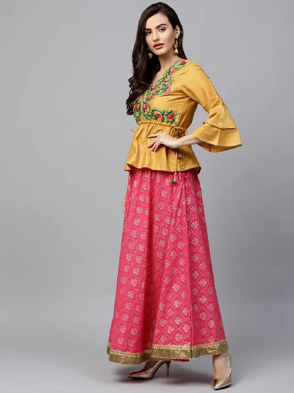 Women's  Mustard Yellow & Pink Embriodered Top With Skirt - Wahe-NOOR silk skirt smooth
