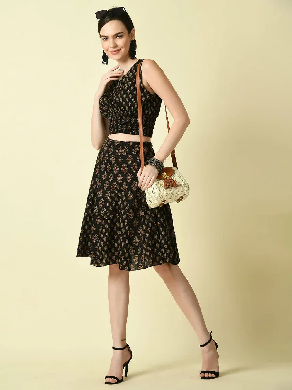 Myshka Women's Black Pure Cotton Printed Flared Skirt silk skirt lustrous