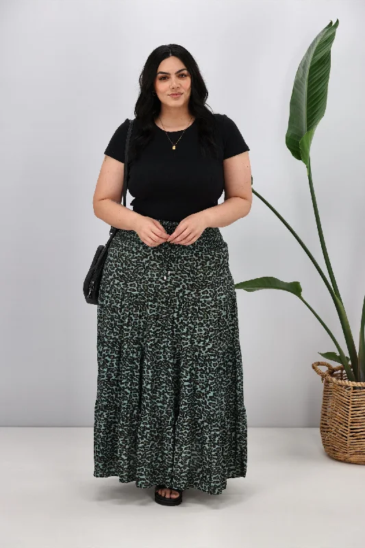 New U Collection Leopard Green Maxi Skirt denim skirt casual