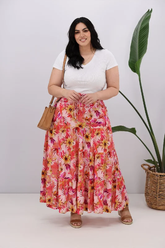 New U Collection Pink Garden Floral Maxi Skirt slim fit skirt