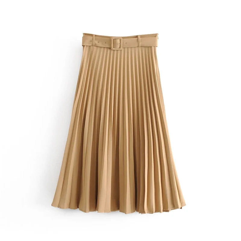 New Women fashion belt solid color pleated midi skirt faldas mujer ladies side zipper vestidos retro casual slim skirts QUN481 linen skirt light