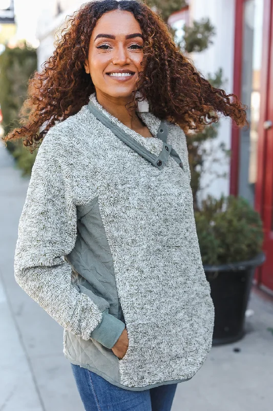 Olive Quilted Sherpa Button Pocket Sweater Front Pockets Side Pockets Patch Pockets