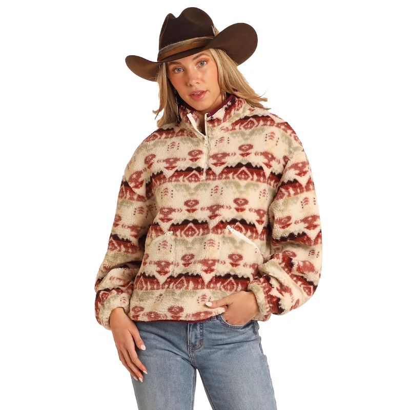 Panhandle Ladies Aztec Print Quarter Zip Eggshell Sherpa Pullover Sweater BW91C05248 Chenille Brocade Lace