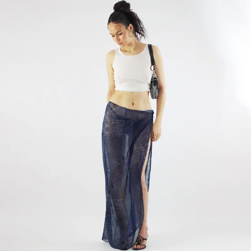 Dior pareo skirt by Galliano with trompe l'oeil denim jeans print - S/S2000 seamless skirt comfort