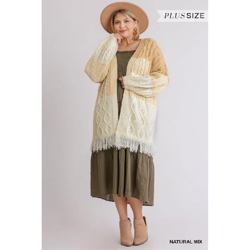 Patchwork Knitted Open Front Cardigan Sweater With Frayed Hem Rayon Fabric Velvet Fabric Corduroy Fabric