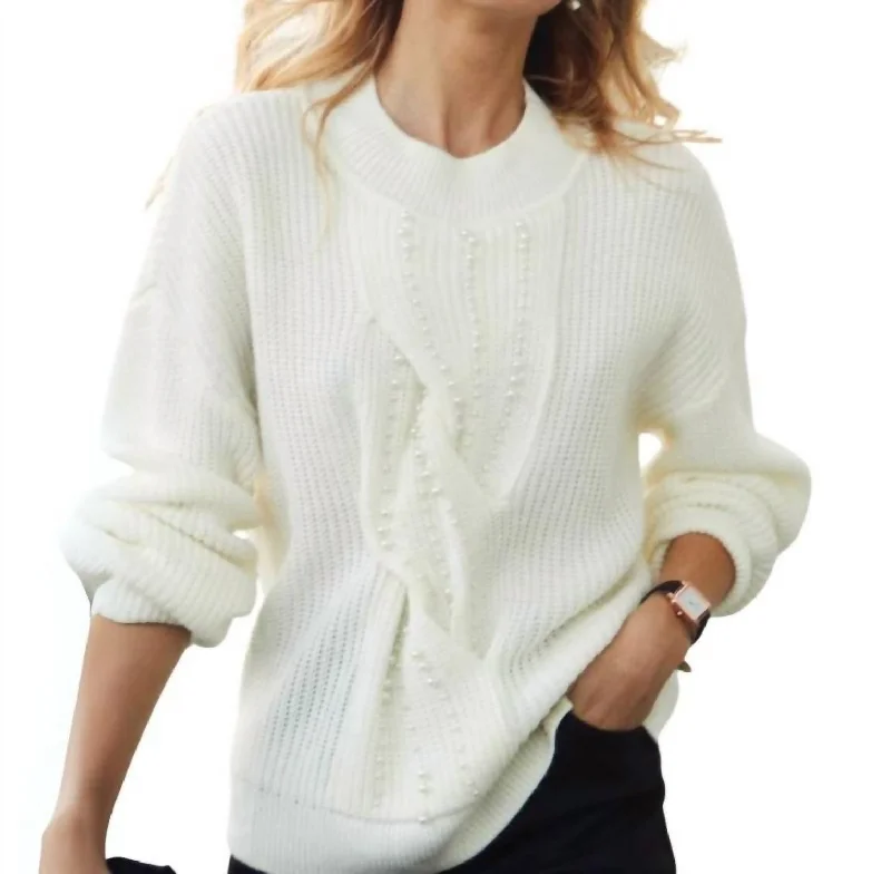 Pearl Embellished Cable Sweater In Ivory Casual Formal Business