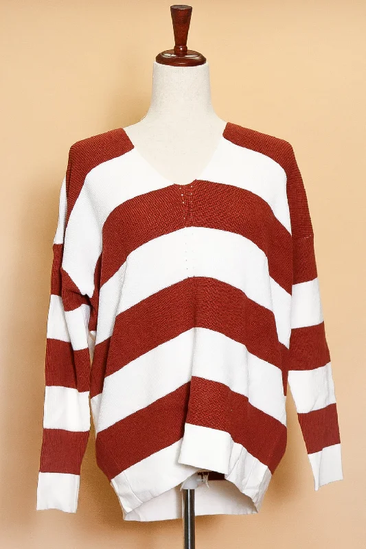 Plus Burgundy Stripe V Neck Sweater Machine Wash Dry Clean Hand Wash