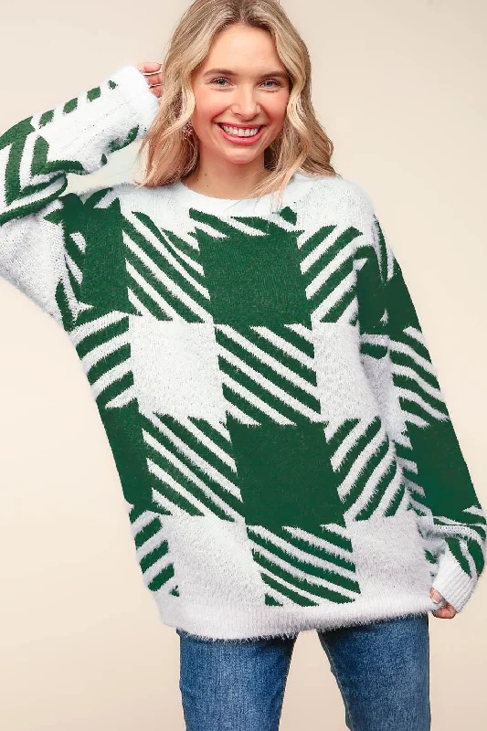 PLUS PLAID PATTERN SOFT BRUSHED HAIRY SWEATER HOLIDAY TOP Toggled Drawstring Belted