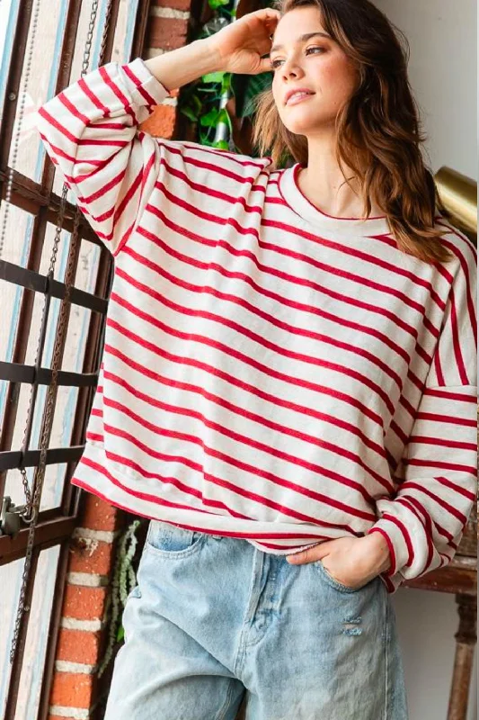 Plus Red & Ivory French Terry Stripe Sweater Front Pockets Side Pockets Patch Pockets