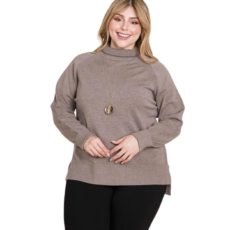 Plus Size High Quality Buttery Soft Solid Knit Turtleneck Two Tone High Low Hem Sweater Nylon Fabric Polyester Fabric Spandex Fabric