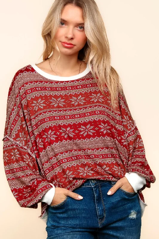PLUS SNOW FLAKE PRINT SWEATER HACCI HOLIDAY TOP Elasticated Padded Insulated