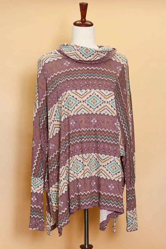 Plus Tribal Cowl Neck Ribbed Sweater (4pc) Print Jacquard Patchwork