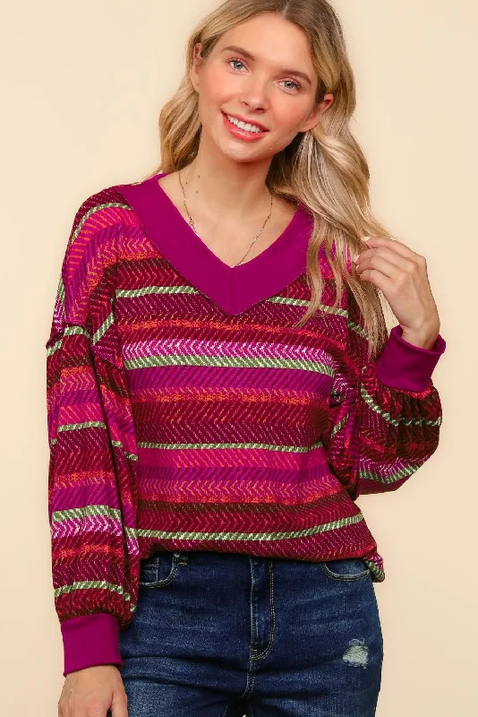 PLUS V NECK DROP SHOULDER STRIPE PRINT SWEATER TOP Rayon Fabric Velvet Fabric Corduroy Fabric PLUS V NECK DROP SHOULDER STRIPE PRINT SWEATER TOP Rayon Fabric Velvet Fabric Corduroy Fabric
