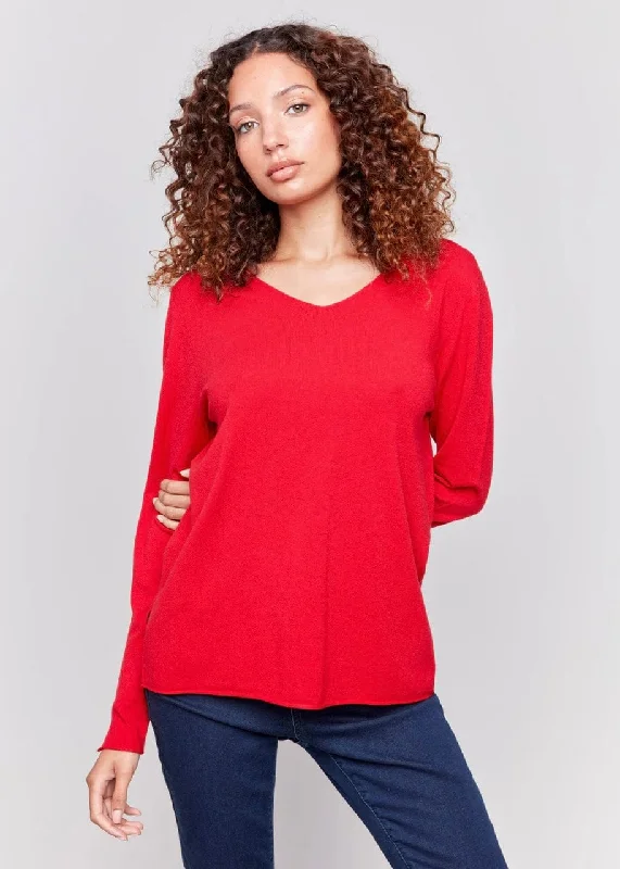 Plushy Basic V-Neck Sweater in Cranberry Fitted Loose Oversized
