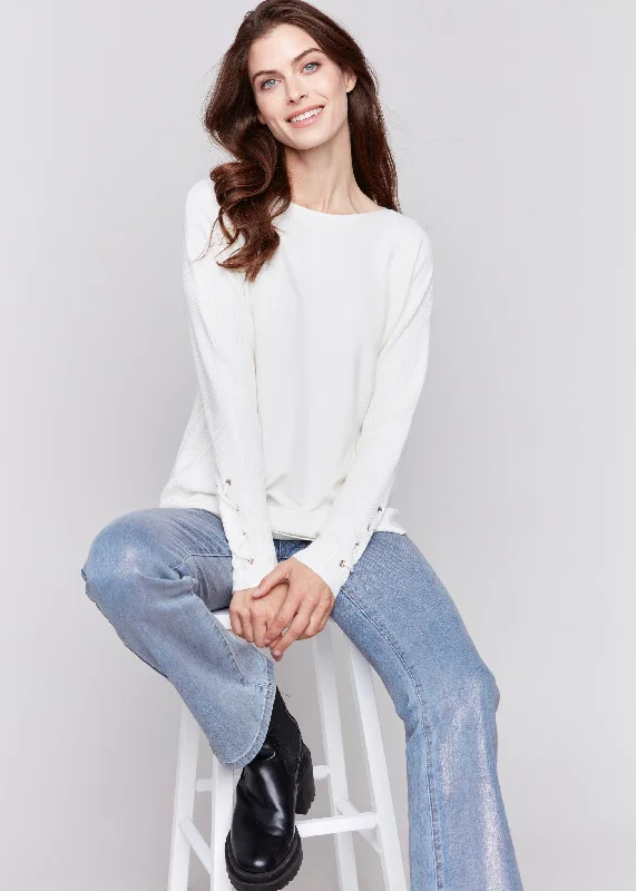 Plushy Knit Sweater in Ecru Cable Knit Ribbed Knit Lace Knit