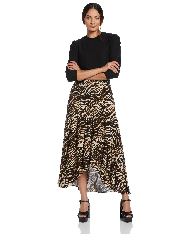 Printed Crepe Faux Wrap Skirt flowy skirt hem