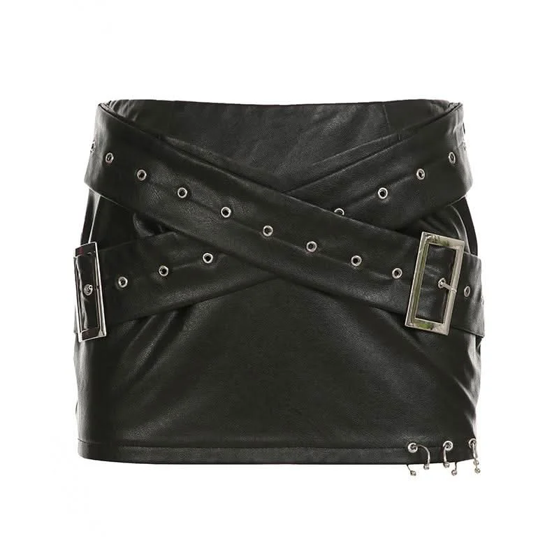 PU leather cross front buckle mini skirt wool skirt breathable