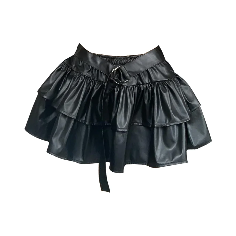 PU leather ruched solid mini skirt denim skirt casual