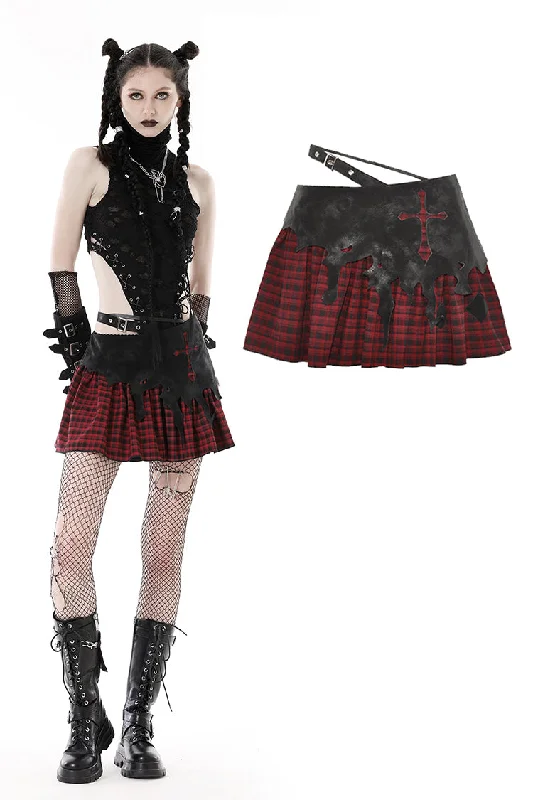 Punk devil black red cross check mini skirt KW288 chiffon skirt delicate