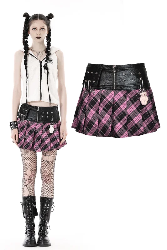 Punk metal PU pink plaid bear mini skirt  KW286 corduroy skirt cozy