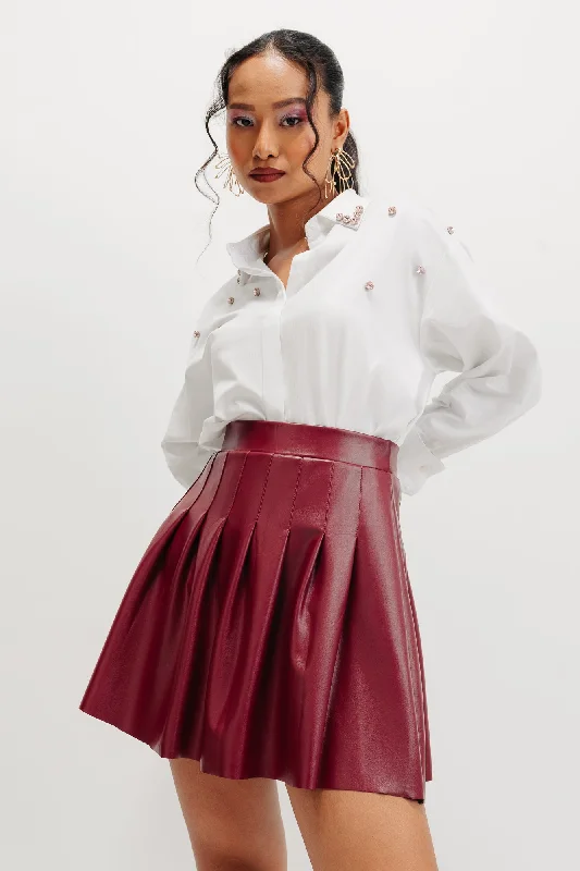 Red Pleated Leather Skirt slim fit skirt