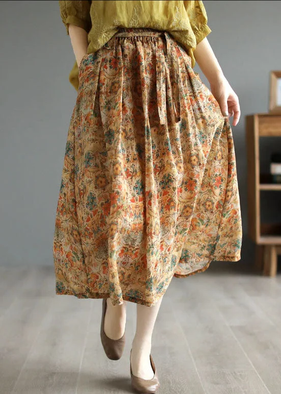 Retro Khaki Wrinkled Pockets Print Patchwork Linen Skirts Summer velvet skirt luxury
