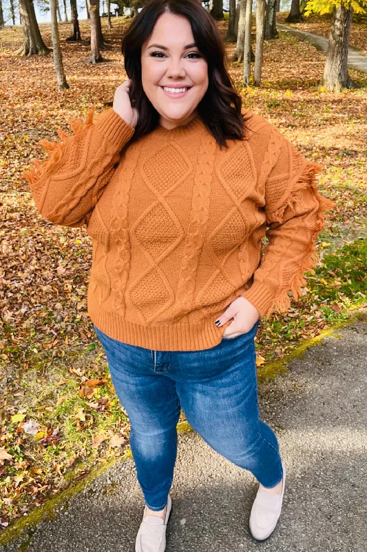 Joyful Days Rust Cable Knit Tassel Fringe Sweater (Open Pack) Stretchy Elastic Breathable Joyful Days Rust Cable Knit Tassel Fringe Sweater (Open Pack) Stretchy Elastic Breathable
