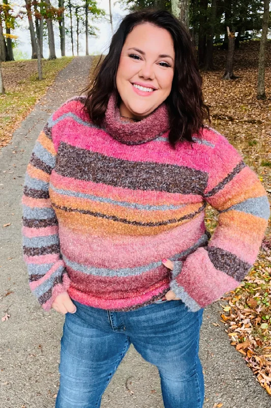 Going My Way Rust & Mustard Stripe Boucle Turtleneck Sweater (Open Pack) Fitted Slim Tailored
