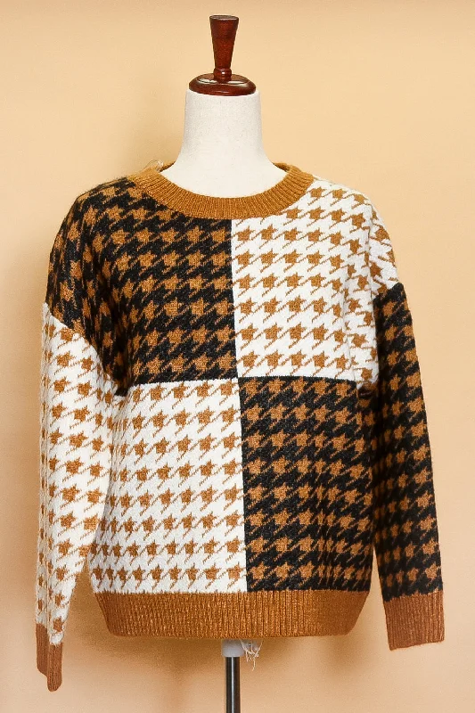 Rust Houndstooth Sweater Hooded Caped Shawl Collar