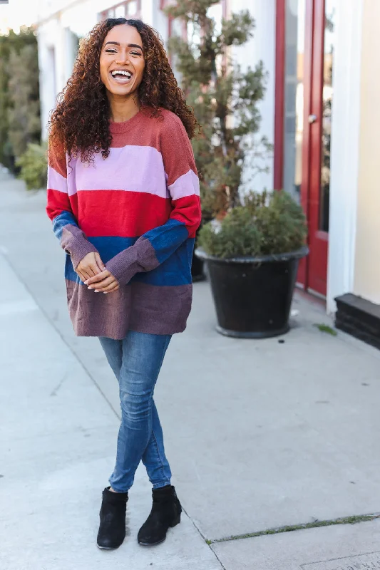Rust, Mocha, Navy Color Block Sweater Bright Pastel Dark
