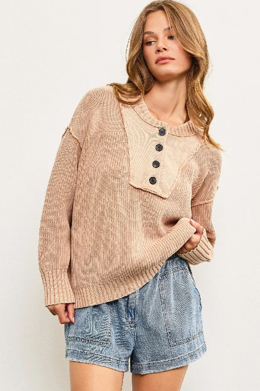 Cotton Front Quarter Button Cable Knit Sweater Toggled Drawstring Belted