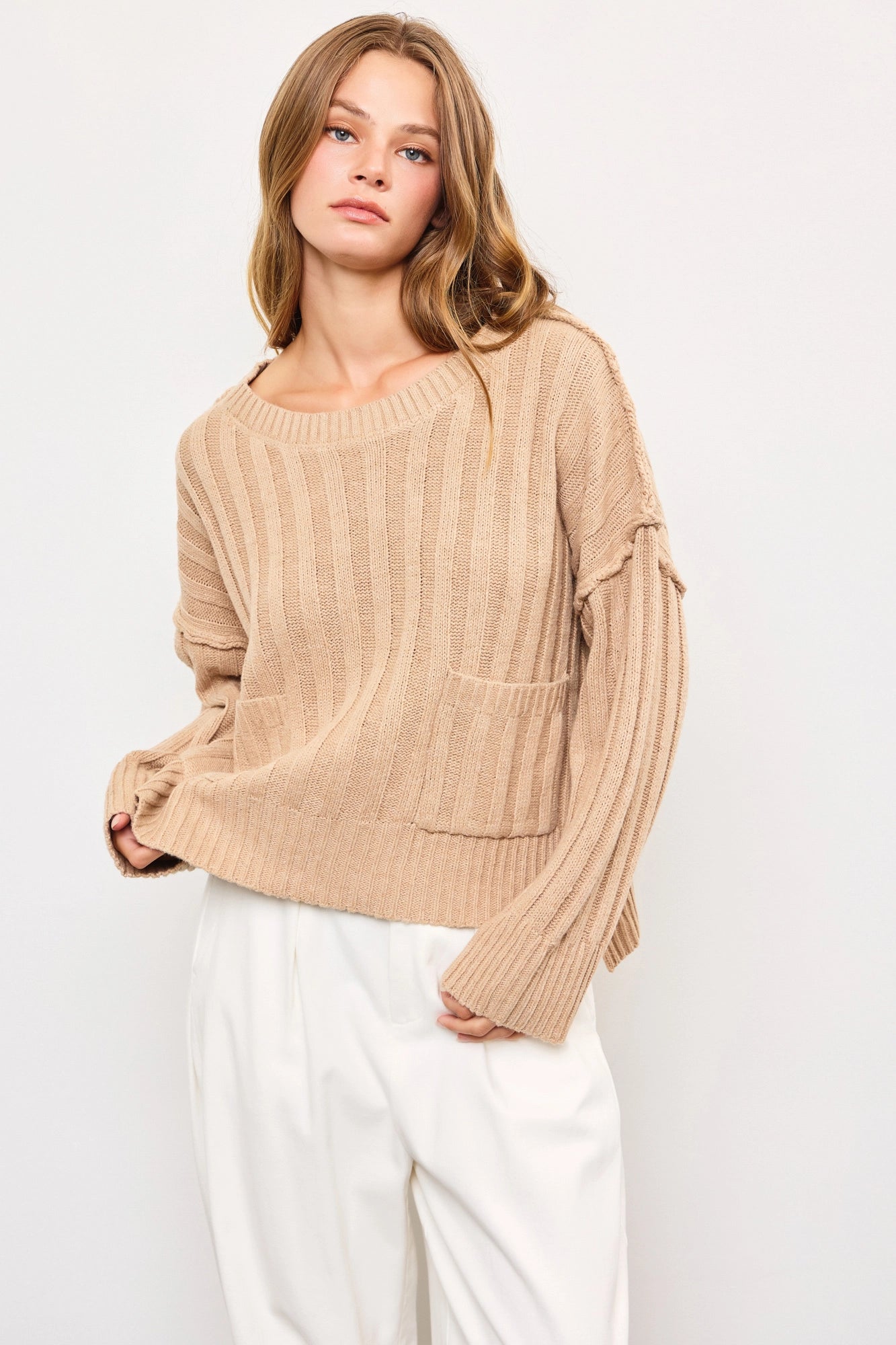 Pullover Relax Fit Two Front Pocket Sweater Top Stylish Fashionable Trendy