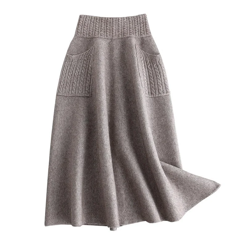 Sherhure 2019 High Waist Women Winter Wool Knitting Long Skirts Faldas Jupe Femme Saia Vintage Women Black Skirt With Pocket high slit skirt