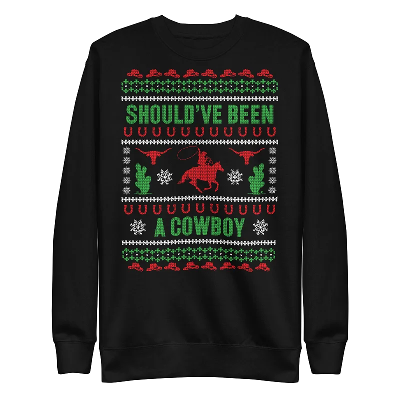 Should've Been A Cowboy Ugly Christmas Sweater Real Fur Shearling Chenille