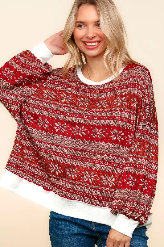SNOW FLAKE PRINT SWEATER HACCI TOP Boat Neck Shawl Collar Notched Collar