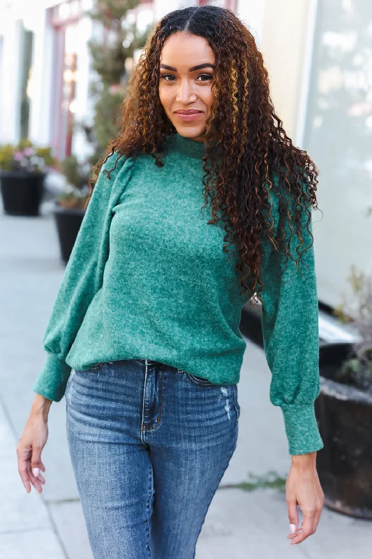 Stay Awhile Holiday Green Brushed Melange Puff Short Sleeve Sweater (Open Pack) Iron Safe Non-Iron Wrinkle Free