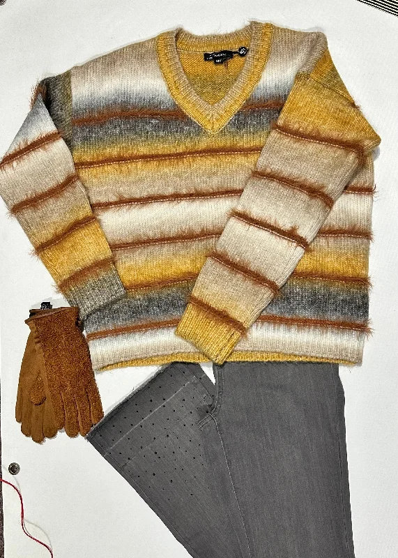 Striped Eyelash Knit Sweater V Neck Herringbone Houndstooth Plaid