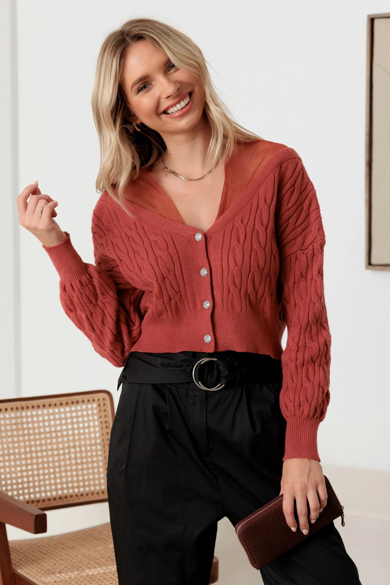 Cable Rhinestone Button-Up Long Sleeve Sweater Sweater Knitwear Pullover