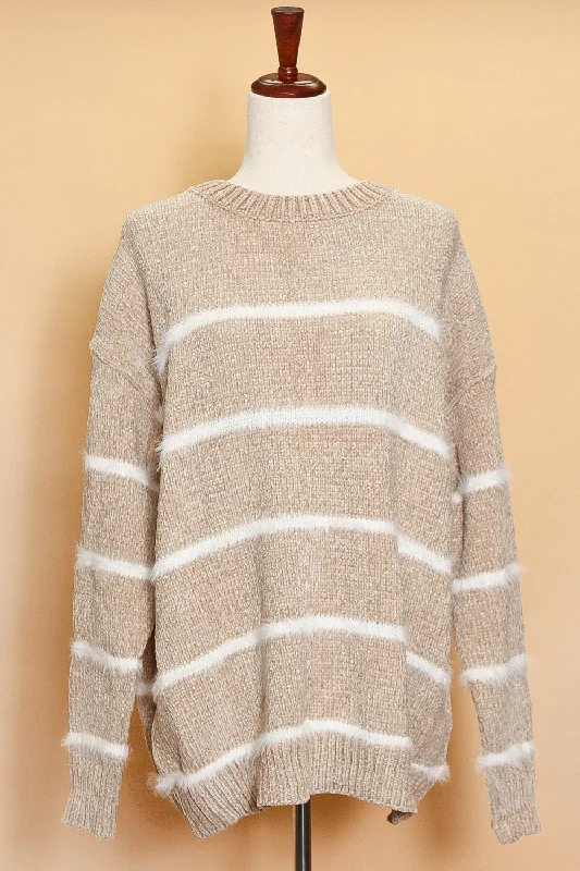 Plus Taupe and White Stripe Chenille Sweater Lightweight Heavyweight Midweight