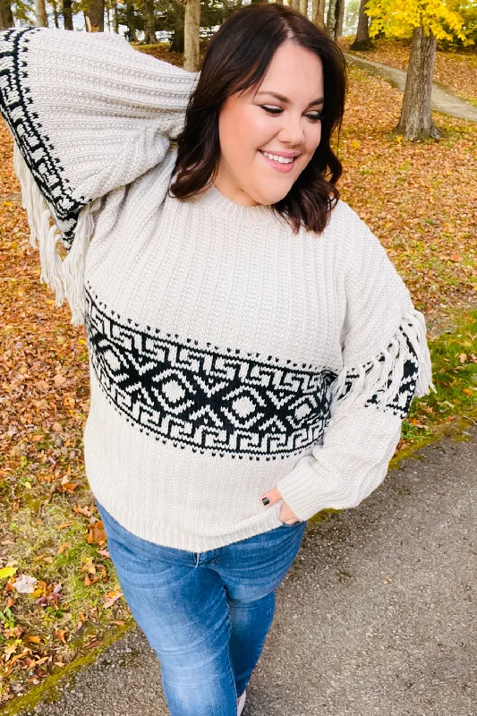 Ready For Anything Taupe & Black Tassel Aztec Sweater (Open Pack) Stretchy Elastic Breathable