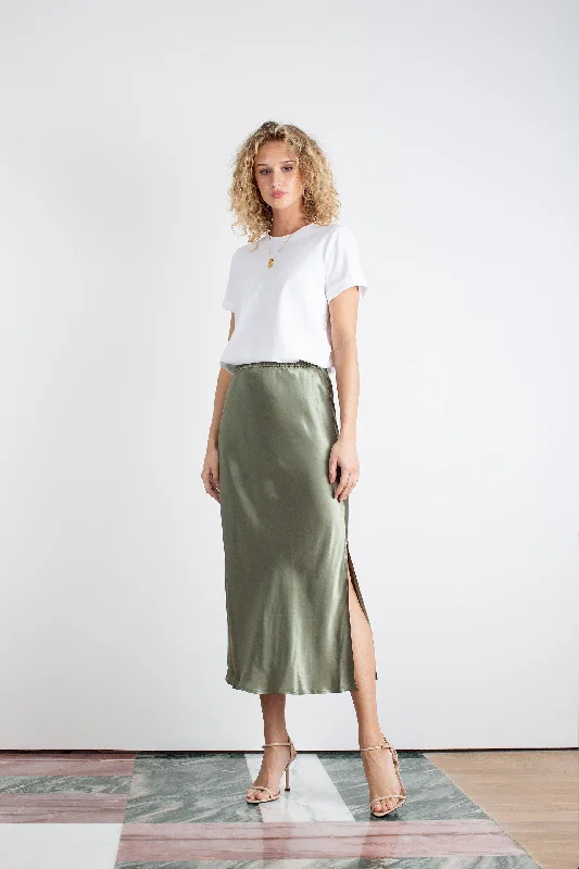 "The Orla" - Satin Midi Skirt (Pistachio) pleated skirt texture