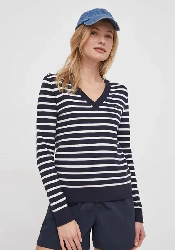 Tommy Hilfiger Womens V-Neck Jersey Stitch Sweater, Navy Terry Terry Cloth Terry Knit