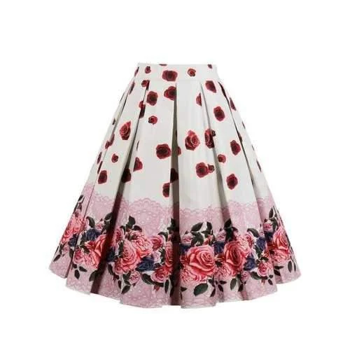 Vintage Floral Print Midi A Line Skirt - White S leather skirt sleek