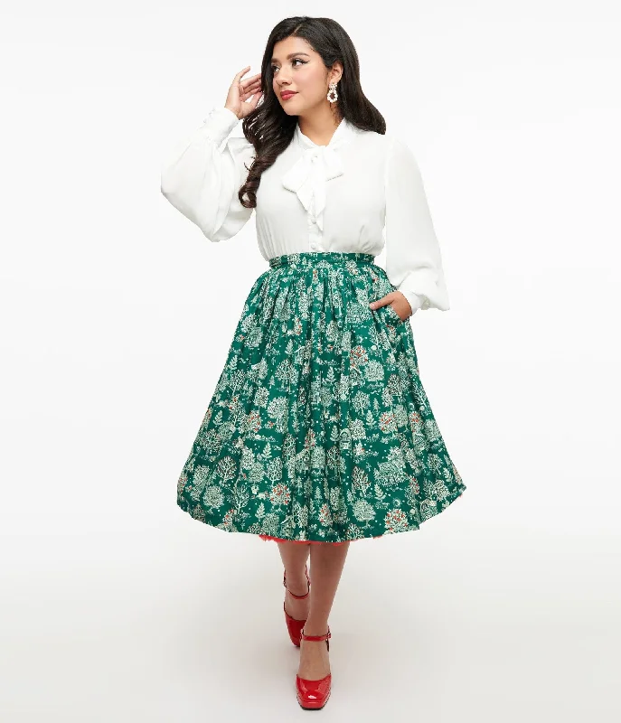 Unique Vintage 1950s Green Winter Print Gellar Swing Skirt tulle skirt dreamy