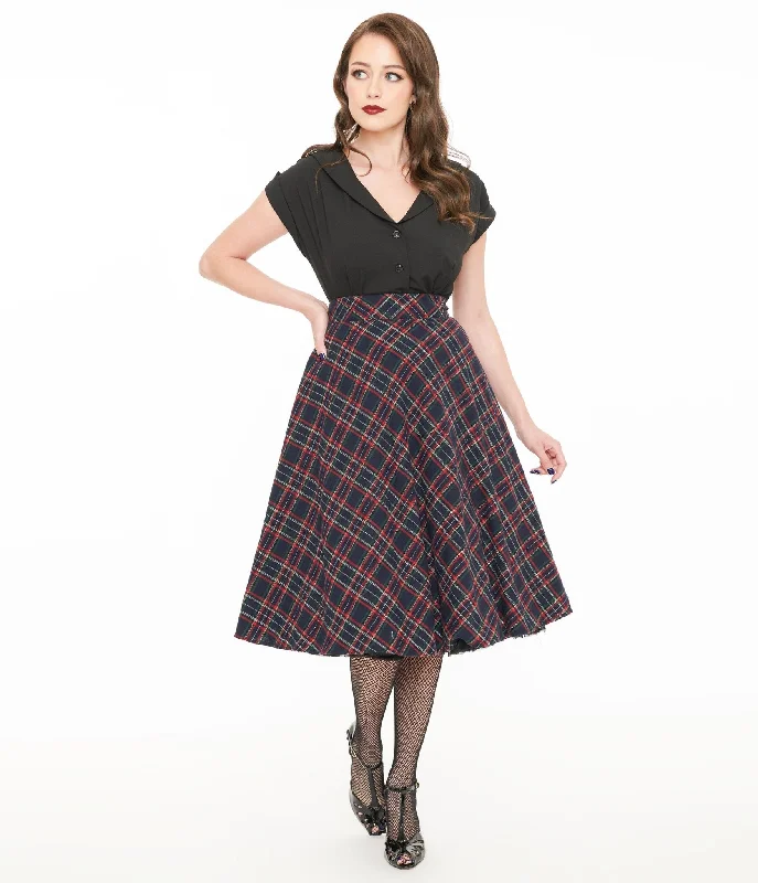 Unique Vintage 1950s Navy & Green Plaid High Waist Vivien Swing Skirt silk skirt smooth