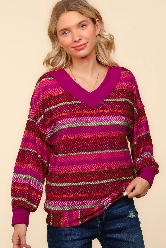V NECK DROP SHOULDER STRIPE PRINT SWEATER TOP Open Front Closed Front Wrap Front