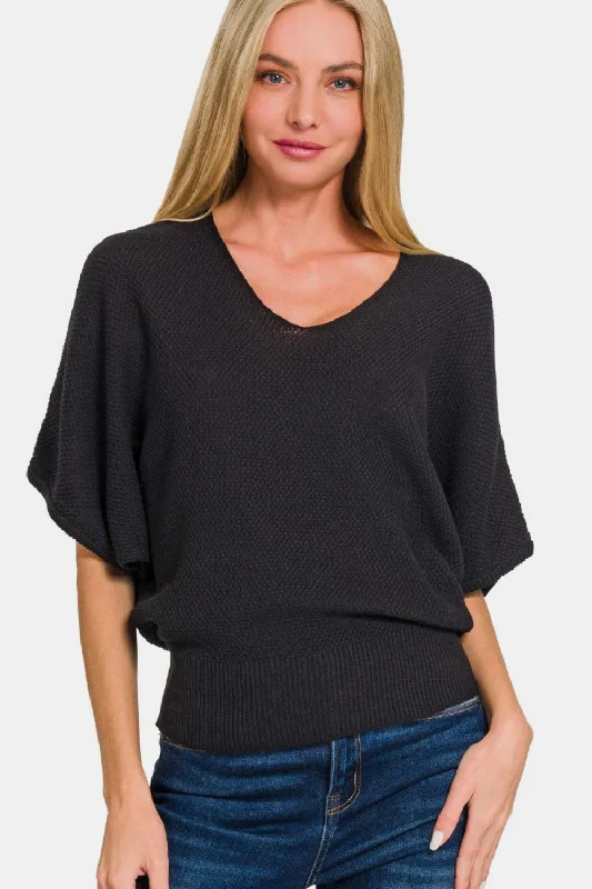 V-Neck Short Sleeve Dolman Sweater Fleece Sweater Nylon Polyester